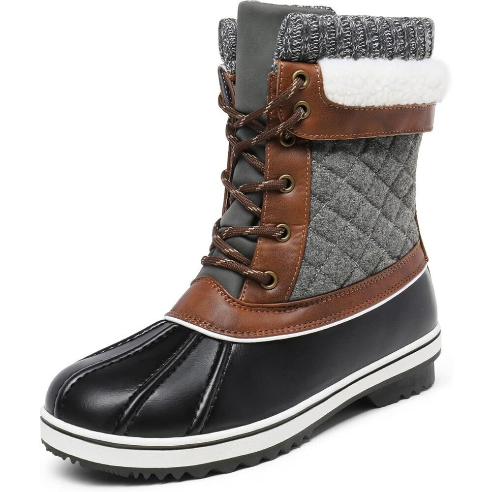 Women’s Black Grey Winter Snow Boots Mid Calf Waterproof Warm Outdoor Shoes